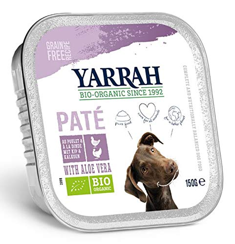 Yarrah - Comida para perros Paté pollo y pavo con aloe vera orgánico, 12 x 150 g.