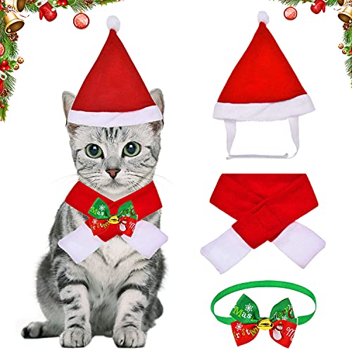 YISKY Disfraces de Navidad para Mascotas, 4 Piezas de Sombrero Bufanda Collar Campana Pajarita de Mascotas de Navidad para Perros Gatos Mascotas Pequeños, Disfraces de Cosplay, Navidad