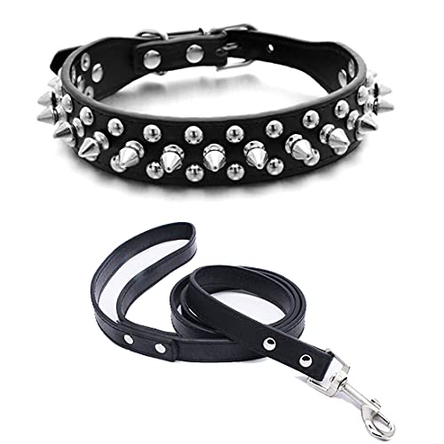 Yiwong Collar de Remache Ajustable + Cuerda de Tracción, Collar de Perro con Remache de Clavo de Bala, Collar para Perro de Piel con Tachuelas