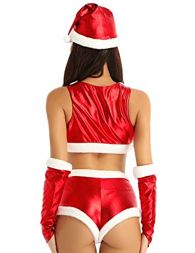 YOOJIA Mujer Traje de Santa Navidad 4Pcs Crop Top sin Mangas/Bragas Metálicas/Sombrero/Guantes sin Dedos Ropa Atractiva Rojo Large