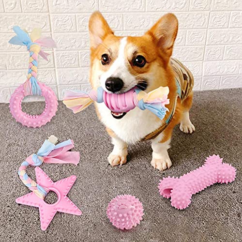 Ysislybin Juego de juguetes para perros, 6 piezas Puppy Chew Toys, juguete para masticar para perros pequeños/medianos, juguete para cachorros para perros, cuidado dental (rosa)