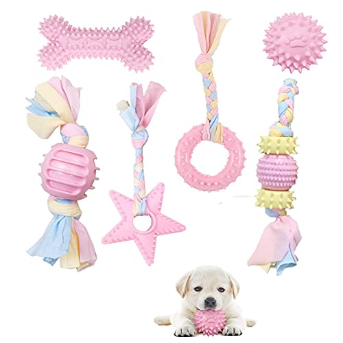 Ysislybin Juego de juguetes para perros, 6 piezas Puppy Chew Toys, juguete para masticar para perros pequeños/medianos, juguete para cachorros para perros, cuidado dental (rosa)