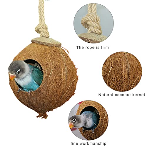 ZCFGUOI 2 unidades de mascotas de cáscara de coco natural para pájaros, nido colgante de concha de coco para periquitos, pájaros de amor y escondite canario para pequeños juguetes de jaula de animales