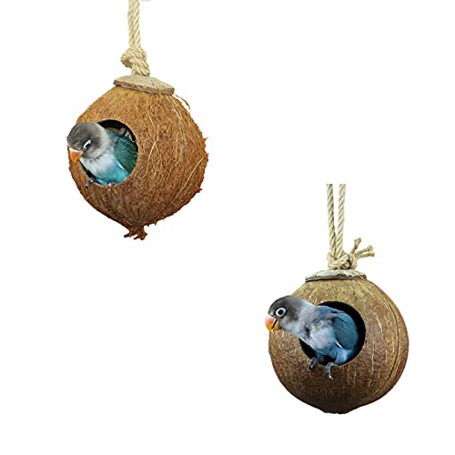 ZCFGUOI 2 unidades de mascotas de cáscara de coco natural para pájaros, nido colgante de concha de coco para periquitos, pájaros de amor y escondite canario para pequeños juguetes de jaula de animales