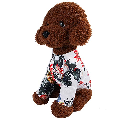 ZSLD Cachorro de Hawai impresión Camisas, Ropa de algodón y Lino para pequeñas y Medianas Cachorros de tamaño de Peluche y Shiba Inu Ropa de Verano,Blanco,S