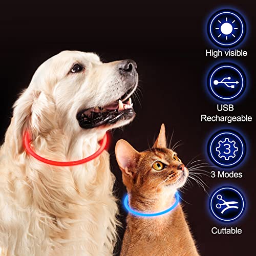 2 Piezas LED Collar de Perro de Mascota con Colgante, USB Recargable Collar Luminoso Perro Seguro 3 Modos, 70 CM Luz Collar de Destello Ajustable para Perro y Gato