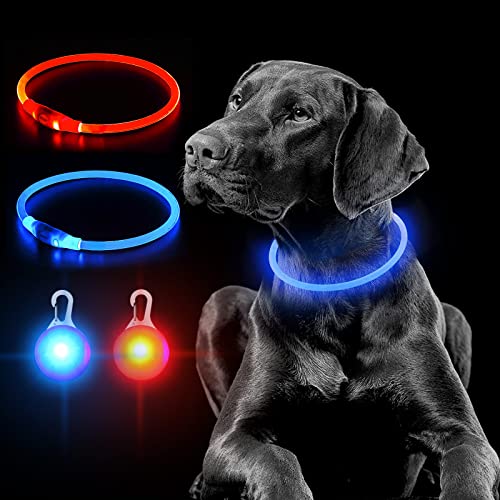 2 Piezas LED Collar de Perro de Mascota con Colgante, USB Recargable Collar Luminoso Perro Seguro 3 Modos, 70 CM Luz Collar de Destello Ajustable para Perro y Gato