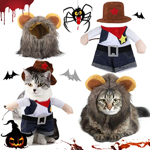 2 Piezas Uniformes de Vaquero de Halloween de Mascotas con Sombrero y Sombrero de Melena de León, Ropa de Disfraz para Perro Gato Cachorro Mascota (M)