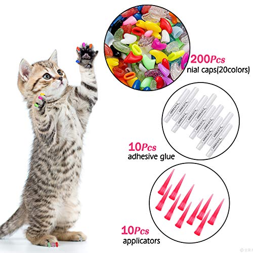 200 piezas de protección de uñas para gatos perros, garras suaves y coloridas, tapones para uñas de gatito, tapones uñas de gatos con aplicadores de adhesivos adhesivos con instrucciones para mascotas