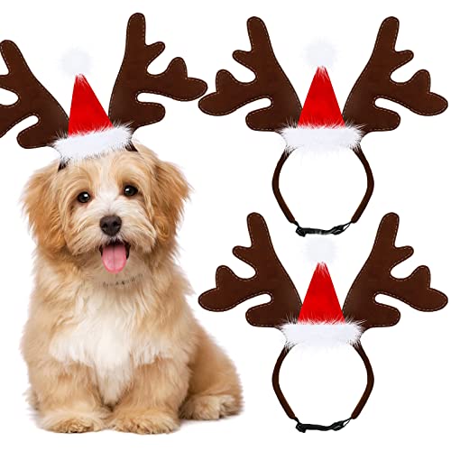 3 Diademas de Reno de Cuernos de Navidad de Perro Sombrero Rojo Accesorios de Gorros de Alce de Mascotas de Disfraz Sombreros de Astas Marrones de Mascotas Diadema de Ciervo de Perro