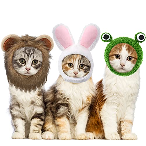 3 Sombreros de Mascotas Sombrero Ajustable de Mascotas con Peluca de Melena de León Gorro de Conejito de Gato con Orejas de Conejo Sombrero de León Gatito Gorra de Disfraz de Rana de Perro