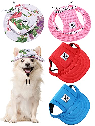 4 Gorras de Béisbol de Mascotas Gorra de Princesa Redonda con Ala Atuendo de Protección Solar de Deportes Exterior con Correa de Cuello Agujeros de Oídos Cómodo para Perros (Clásico, M)