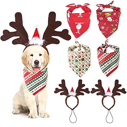 4 Pañuelo Bufanda de Mascota Navidad y 2 Navidad Mascota Diadema, Baberos Triángulo Ajustables Lavables de Perros, Christmas Headband Disfraz de Mascota Gato Perro de Navidad, Mascota Navidad Baberos