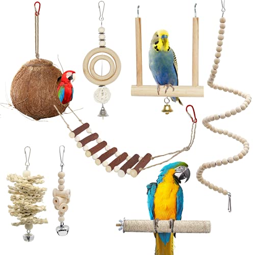 7piezas de juguetes para pájaros loros, jaula para pájaros de coco natural de tamaño pequeño y mediano con escalera, hamaca para escalar columpios, para pájaros, periquitos, guacamayos (Traje) (Traje)