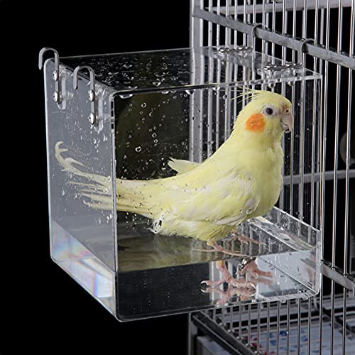 Aceshop Bañera para Pájaros Cuenco de Baño Acrílico Transparente Caja de Baño para Casa de Baño Accesorio de Jaula para Pájaros con Ganchos para Pájaros Pequeños, Pinzón, Canario 12.8 * 11.3 * 13 cm