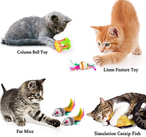 AILUKI Juego de 28 juguetes para gatos con túnel para gatos Jingle Bell, menta gata, pescado, ratones de juguete, túnel para gatos, juguete interactivo, paquete para Kitty (morado)