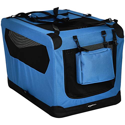 Amazon Basics – Transportín para mascotas abatible, transportable y suave de gran calidad, 76 cm, Azul