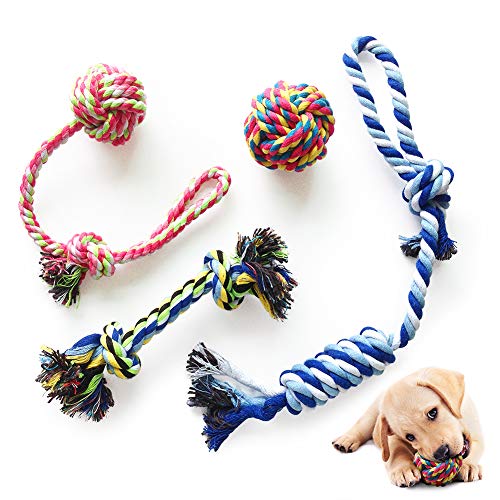 AnCoSoo Juego de 4 juguetes de cuerda para perro, bola de cuerda, nudo de algodón, juguete interactivo para perro, juguetes de cuerda de masticar duraderos para dentición, tirar y jugar
