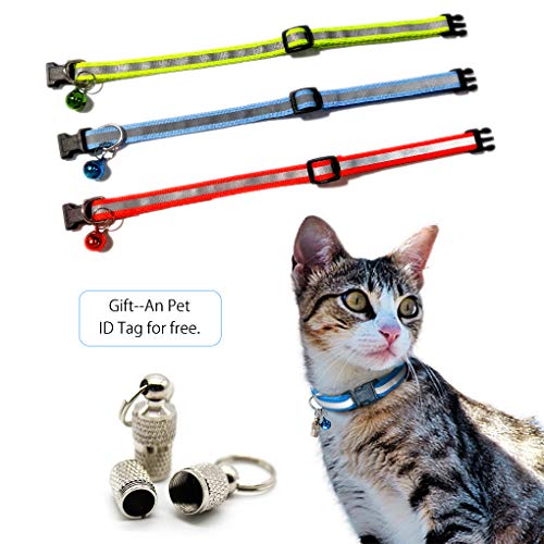 Andiker Collar reflectante de nailon para gato, 7 unidades, con bonita campana y etiqueta de identificación, collar ajustable para perros pequeños, multicolor y ligero
