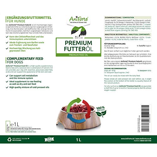 AniForte Aceite para piensos para la alimentación cruda 1L - Suplemento Barf para Perros
