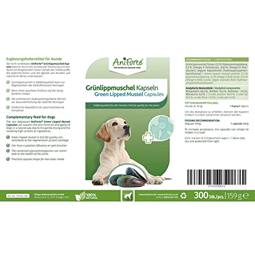 AniForte Cápsula de mejillón de Labios Verdes para Perros (300 cápsulas) – Ayuda a Las articulaciones, Calidad de Grasa Completa 10.2%, glicosaminoglicanos 3.3%, Polvo de mejillón de Labios Verdes
