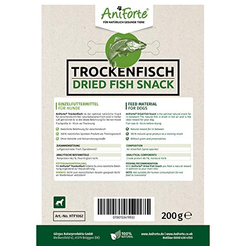 AniForte Pescado seco para perros 200g - Golosinas naturales para perros, ácidos grasos Omega 3, comida para perros, espadín y carne seca, envase resellable, sin bolsa