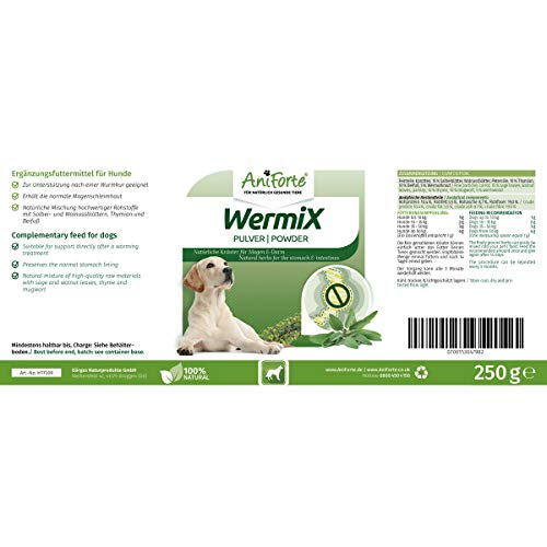 AniForte WermiX en polvo para perros 250 g - producto natural para antes, durante y después de la infestación de gusanos, el ajenjo y las hierbas naturales ayudan al estómago y el intestino