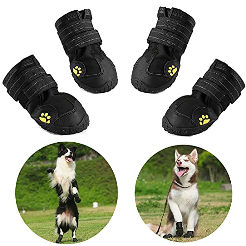 AQH Zapatos Perro, 4 Pcs Zapatos Impermeables para Perros, con Banda Reflectante Suelas de Goma Antideslizantes Resistentes (6#, Negro)