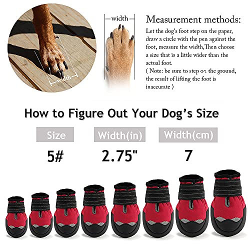 AQH Zapatos Perro, 4 Pcs Zapatos para Perros Botas, Impermeables para Perros Botines Antideslizante y elástica Resistente para Mediano y Grandes Perros (5#, Rojo)
