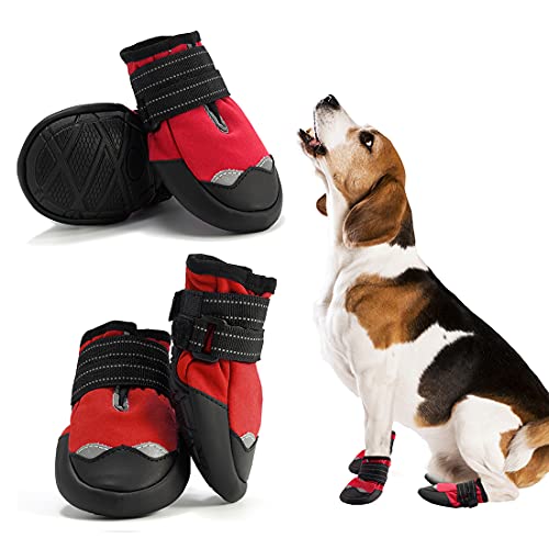 AQH Zapatos Perro, 4 Pcs Zapatos para Perros Botas, Impermeables para Perros Botines Antideslizante y elástica Resistente para Mediano y Grandes Perros (5#, Rojo)