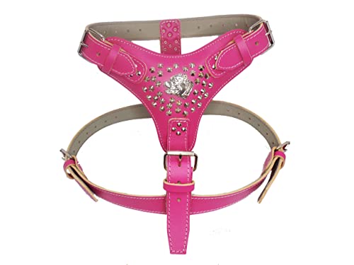 Arnés para perro de piel extra grande, resistente, color rosa profundo con diseño tachonado y diseño de cabeza de matón americano