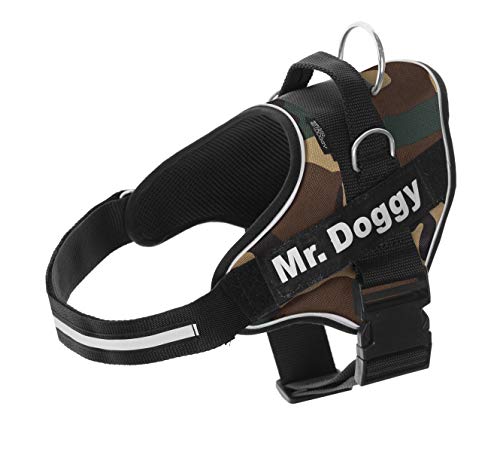 Arnés Personalizado para Perros - Estampado - Reflectante - Incluye 2 Etiquetas Personalizables con Nombre - Todos los Tamaños (Estampado, M 12,5-20KG) (XS 3-7KG, Camuflaje)