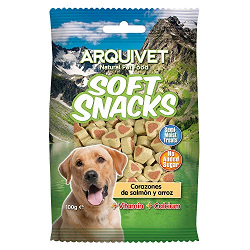 Arquivet Soft Snacks para Perro Corazones de salmón y arroz 100 gr - Aperitivos para Perro en Forma de corazón - Chuches, recompensas, golosinas, premios, chucherías caninas - Alimento complementario