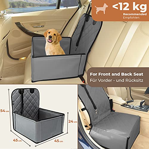 Asiento de coche para perro extra estable - Transportín coche robusto para perros pequeños y medianos - Paredes reforzadas y 3 cinturones - Cesta perro impermeable para asiento delantero o posterior