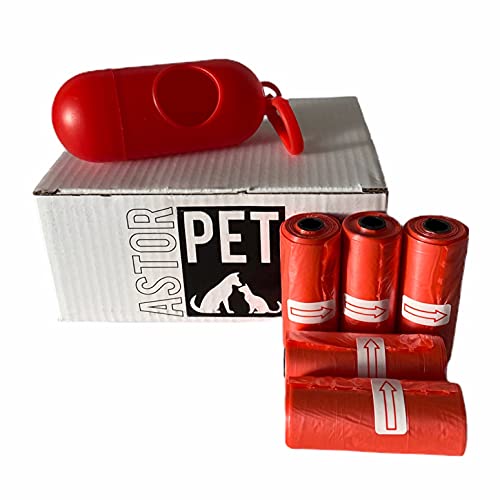 Astorpet | Bolsas para excrementos de Perro con Dispensador y Clip para correa (300 bolsas). Caca Perro. Poop Bag. Antifugas. Extra Gruesas. Color Rojo