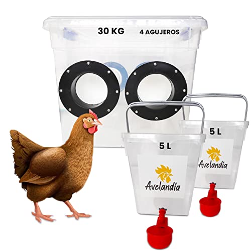 AVELANDIA Comedero para gallinas XXL antidespilfarro 30KG + 2 Bebederos 5 litros de Regalo: Sistema Anti Lluvia y Anti Desperdicio. Aprovecha el 100% del pienso (4negro)