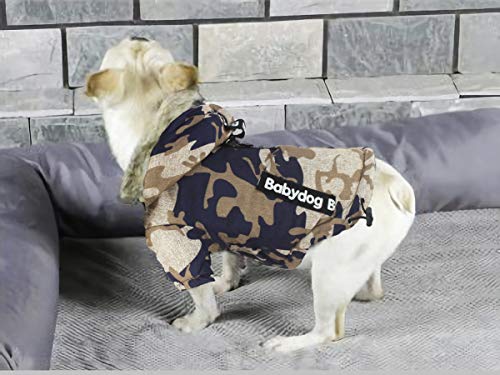Babydog Abrigo Chaleco para Perro con Capucha, Forro Polar y Mangas, Cierre Corchetes, Modelo Camuflaje Militar (L, Marron Azul)