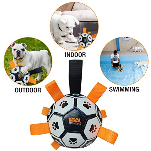 Balón de fútbol Flotante para Perros Royal Pets House con Correas para un fácil Agarre | Juguete Interactivo Ideal para Juegos acuáticos | Interior y Exterior | Mejor Juguete para Mascotas en 2021