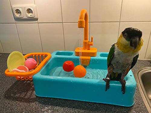 Bañera para pájaros, loros, piscina, comedero para pájaros, cuenco automático para mascotas con grifo, ducha para pájaros (azul real)