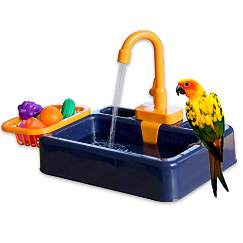 Bañera para pájaros, loros, piscina, comedero para pájaros, cuenco automático para mascotas con grifo, ducha para pájaros (azul real)