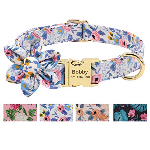 Beirui Collar de perro de niña de flores personalizado para perros femeninos- Collares de mascota grabados con hebilla dorada personalizada (patrón azul, S)