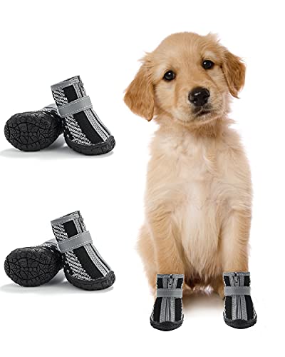 Botas de perro pequeñas de malla suave, botas de perro, patas protectoras transpirables, zapatos para perros pequeños y medianos que caminan al aire libre, 4 piezas negro y gris 4 #