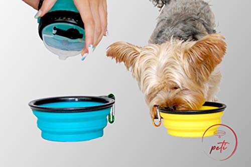 Botella de Agua para Perros portátil Envase de Comida Juguete y Dispensador de Bolsas para Mascotas Accesorio excursiones y Viajes Dos Cuencos Plegables para la Comida y Bebedero