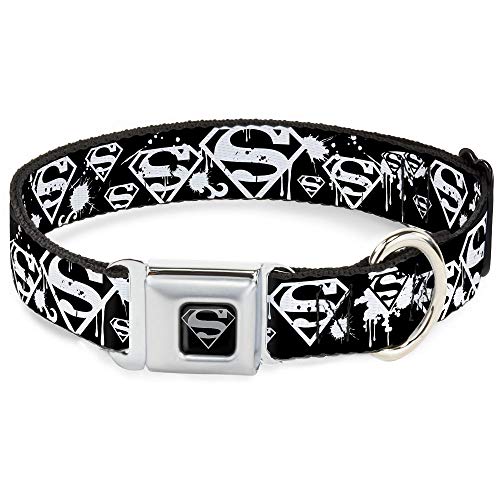 Buckle Down 9 – 15 "Superman Shield Salpicaduras Blanco/Negro Collar de Perro