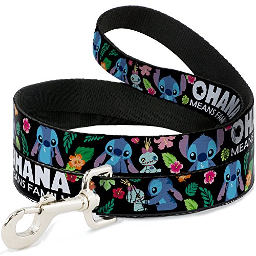 Buckle Down "Ohana Means Family/Stitch & Scrump Poses/Tropical Flora Multi Color Pet Leash, 6" x 1/2"