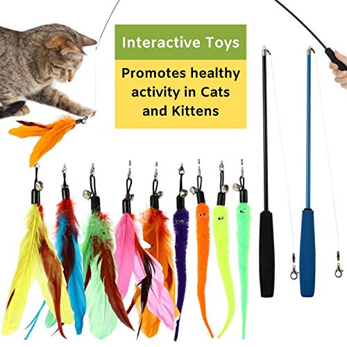Buddy Wild Juguetes para Gatos – Juguetes Interactivos para Gatos 11 Unidades con Varitas Retráctales y gusanos de Plumas – Juguetes de Gatos con Colores Vivos – Juguetes de Actividad para Gatos