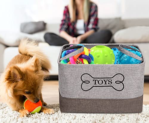 Caja de juguetes para perros de lona MOREZI, adecuada para almacenar suministros para mascotas, como juguetes para perros, ropa para perros, collares para perros, etc-Gris/Caqui