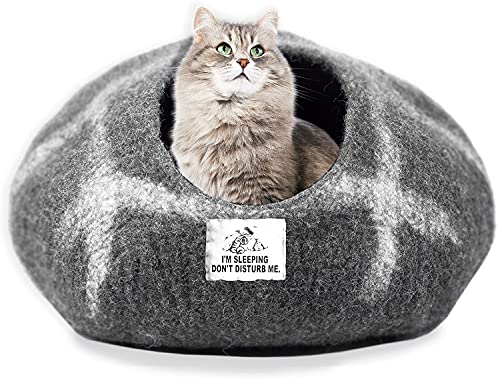 Cama cueva de lana para gatos (mediana), hecha a mano con 100% lana merino, cueva de fieltro ecológico para gatos y gatitos de interior (rayas de pelo)
