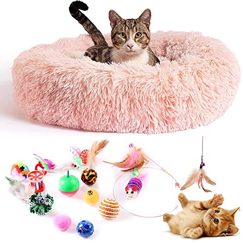 Cama Gato Antiestrés con 16 Juguetes para Gatos, Cama para Gatos Suave Redonda Tipo Donut de 50cm. y Pack de Juguetes para Gatos, Cama para Gatos de Lujo Lavable a Máquina. (Cat Toys Rosa)