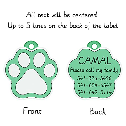 CAMAL 2 Piezas Chapa Perro Grabada, Silenciosa Silicona Chapas Personalizadas, Placa de Identificación Personalizada para Collar Perro Gato Mascota Grabada, Forma de Huella, Verde